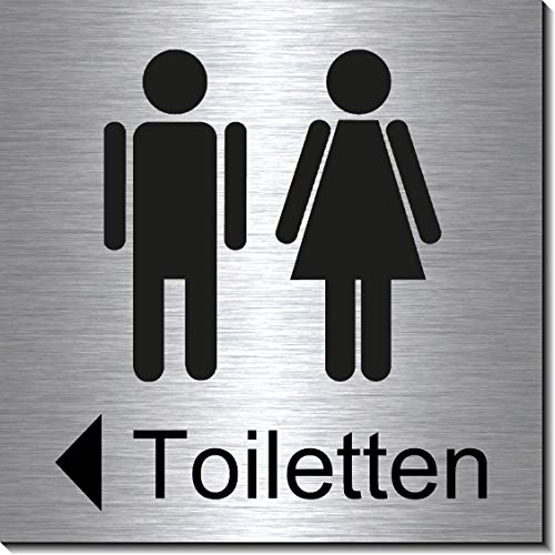 Toiletten Pfeil mit links-WC-Bad-Klo-Symbol-Schild 100 x 100 x 3 mm-Aluminium Edelstahloptik silber mattgebürstet Hinweisschild-Warnschild-1910-14 von Desi-Schilder