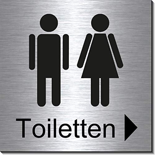 Toiletten Pfeil mit rechts-WC-Bad-Klo-Symbol-Schild 100 x 100 x 3 mm-Aluminium Edelstahloptik silber mattgebürstet Hinweisschild-Warnschild-1910-13 von Desi-Schilder
