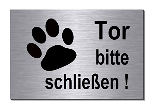 Tor bitte schließen-15 x 10 cm + 30 x 20 cm-Schild-Hundeschild-Alu. Edelstahloptik-Hund-Tierschild-Warnschild-Hinweisschild (133-35 =30 x 20 cm mit 4 Löcher) von Desi-Schilder