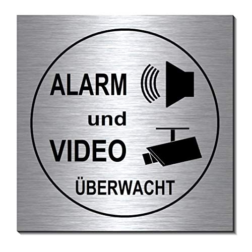 Video + Alarmgesichert-Videoüberwacht-Schild 100 x 100 x 3 mm-Aluminium Edelstahloptik silber mattgebürstet-selbstklebend Warnschild-Videoschild-Hinweisschild 1910-72 von Desi-Schilder