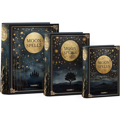 Design By Violet Moon Spells Dekorative Buchbox Set - Nest von 3 himmlischen Aufbewahrungsboxen mit magischem Mondmotiv Kunstwerk - Buchstil Andenkenboxen für Zuhause, Geschenke oder Display von Design By Violet