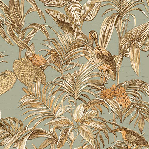 Design ID DE120017 Paradiesvogel Aqua & Gold Wandstich, 10 m x 0,53 m, Vliestapete von Design ID