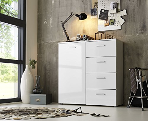 BMG Möbel Schubladen Kommode Sideboard Anrichte Marbella in Hochglanz Weiß - Höhe 91cm, Breite 88cm, Tiefe 32cm … (1 Tür 4 Schubkästen 88 cm breit) von BMG Möbel