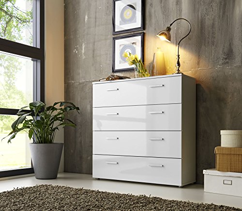 Schubladen Kommode Sideboard Anrichte MARBELLA in Hochglanz Weiß - Made in Germany - Höhe 91cm, Breite 88cm, Tiefe 32cm von BMG Möbel