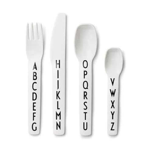 Design Letters Eat & Learn Tritan Besteck für Baby und Kinder, 4 stck. (Weiß) - BPA-frei, BPS-frei und EA-frei, mit A-Z-Alphabet-Druck, Drop-safe, spülmaschinenfest von Design Letters