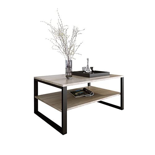 Design Möbel Beistelltisch Couchtisch Rechteckig Wohnzimmertisch Kaffeetisch Modern Sofatisch Tischplatte Tisch mit unterer Ablage Beine aus Metall Industrieller Stil Basic (Sonoma Eiche) von Design Möbel