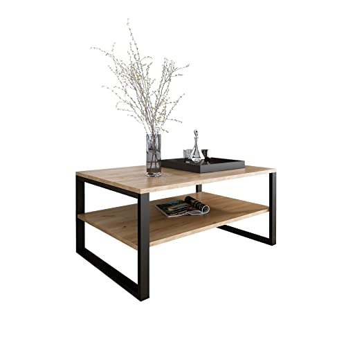 Design Möbel Couchtisch Rechteckig Wohnzimmertisch Kaffeetisch Sofatisch Tischplatte Tisch mit unterer Ablage Beine aus Metall Industrieller Stil Basic (GOLDENE Eiche) von Design Möbel