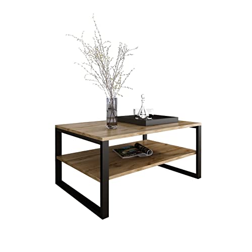 Design Möbel Couchtisch Rechteckig Wohnzimmertisch Kaffeetisch Sofatisch Tischplatte Tisch mit unterer Ablage Beine aus Metall Industrieller Stil Basic von Design Möbel