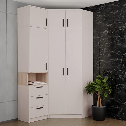Design Möbel Eckkleiderschrank Set Gustavo 12 mit Schrankerweiterung 40 cm Eckschrank mit Regal Kleiderschrank Schlafzimmer Möbel Schrank Schlafzimmer Kinderzimmer CASCHMERE, Eiche Riviera von Design Möbel