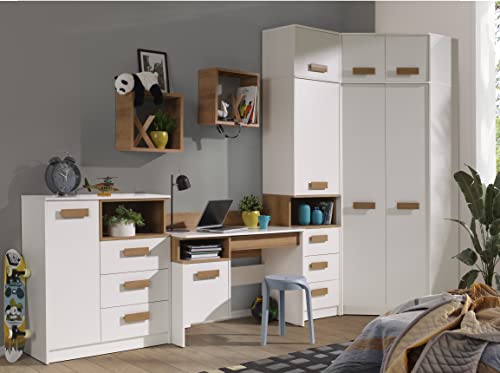 Design Möbel Gustavo 10 Set Schreibtisch mit großem Kleiderschrank Kommode Hängeregal Regal Kleiderschrank Einlegebode Schlafzimmer Möbel Jugendzimmer Komplett Weiß, Eiche Riviera Design Möbel Gustavo 10 Set Schreibtisch mit großem Kleiderschrank Kommode Hängeregal Regal Kleiderschrank Einlegebode Schlafzimmer Möbel Jugendzimmer Komplett Weiß, Eiche Riviera von Design Möbel