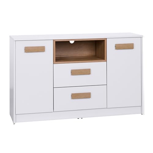 Design Möbel Gustavo Kommode Regal Einlegebode Heimbüro Büro Kommode Schlafzimmer Kommode Kinderzimmer Wohnzimmer PVC-Kanten Kommode Weiß Eiche Riviera 2 Türen 2 Schubladen 122,5x75,5x40 cm von Design Möbel