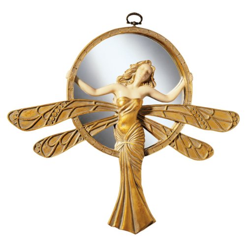 Design Toscano Dragonfly Art Deco Wall Mirror Sculpture, 33 cm, Polyresin, Gold and Ivory von Design Toscano