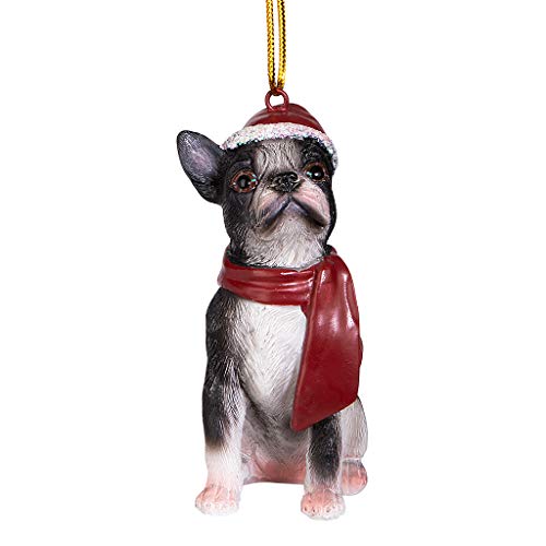 Design Toscano Boston Terrier festlicher Hund Weihnachtsbaumornament Weihnachtsdeko, Polyresin, vollfarbe, 8 cm von Design Toscano