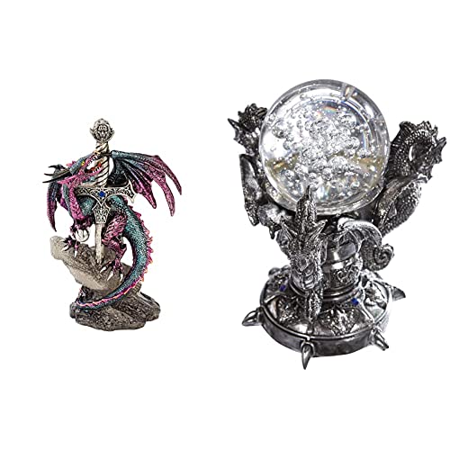 Design Toscano Drachenschwert, Maße: 12.5 x 9 x 20.5 cm 0.5 kg & Drachen des Corfu Schlosses Gothic-Deko Statue, Polyresin und Glas, zweifarbig schwarz und Silber, 13 cm von Design Toscano