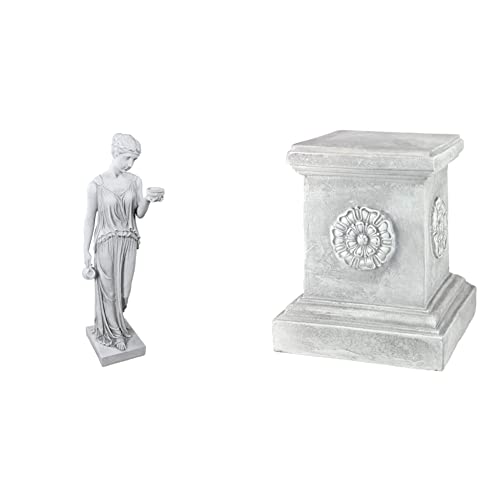 Design Toscano Hebe, die Göttin der Jugend griechische Gartenstatue, groß 81 cm & Englische Rosette Skulptursockel für den Garten Basisheber, Polyresin, Antikes Steingrau, groß 33 cm von Design Toscano