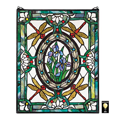 Design Toscano Libellen- und Blumendekor Hängende Buntglasfensterpaneele, Buntglas, Vollfarbe, 63,5 cm von Design Toscano