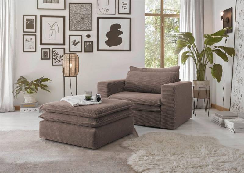 Design-Wohngalerie Esszimmersessel Loveseat Sessel + Hocker Set Piagge - Cordstoff Hellbraun von Design-Wohngalerie