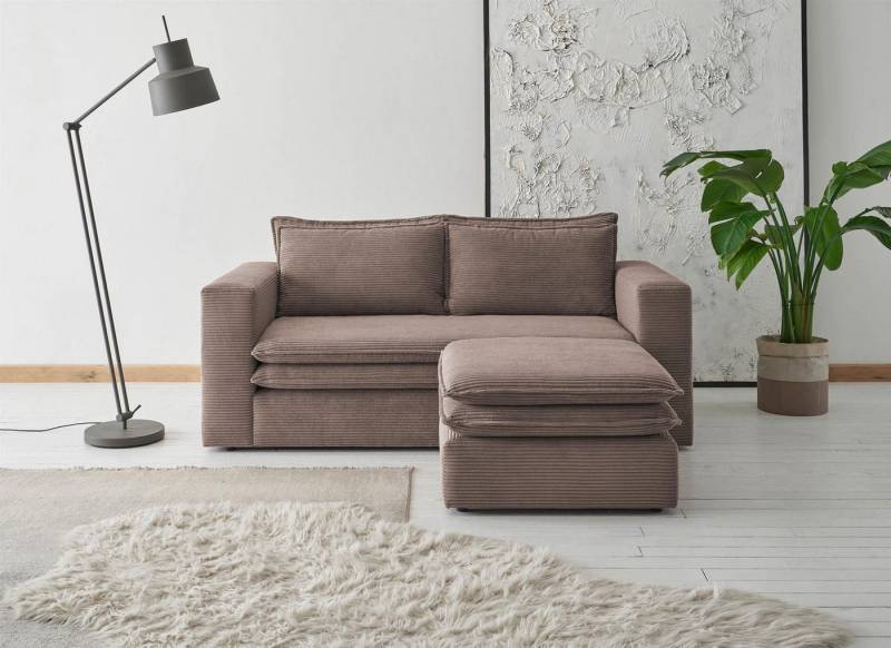 Design-Wohngalerie Sofa Couch 2 Sitzer + Hocker Set Piagge - Cordstoff Hellbraun von Design-Wohngalerie