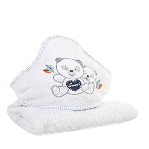 Eurofirany Baby Babyhandtuch Kapuze Weiß Blau Handtücher Kinderhandtuch Kindermotiv Teddybär Teddy Junge Badezimmer Weich Süß Kuschelig, 75x75 cm von Eurofirany