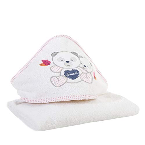 Design91 Baby Babyhandtuch Kapuze Weiß Rosa Handtücher Kinderhandtuch Kindermotiv Teddybär Teddy Mädchen Badezimmer Weich Süß Kuschelig, 75x75 cm von Eurofirany