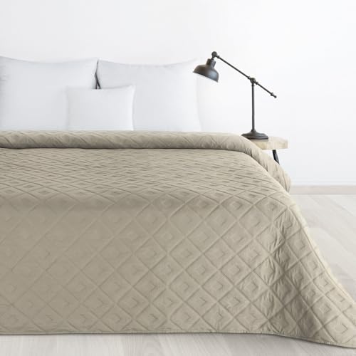 Design91 Tagesdecke Alara Gesteppter Bettüberwurf Einfarbig Steppung 3D Geometrisches Muster Ganzjährig (Dunkelbeige 6, 220 cm x 240 cm) von Design91