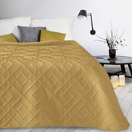 Design91 Tagesdecke Alara Gesteppter Bettüberwurf Einfarbig Steppung 3D Geometrisches Muster Ganzjährig (Senf 2, 220 x 240 cm) von Design91