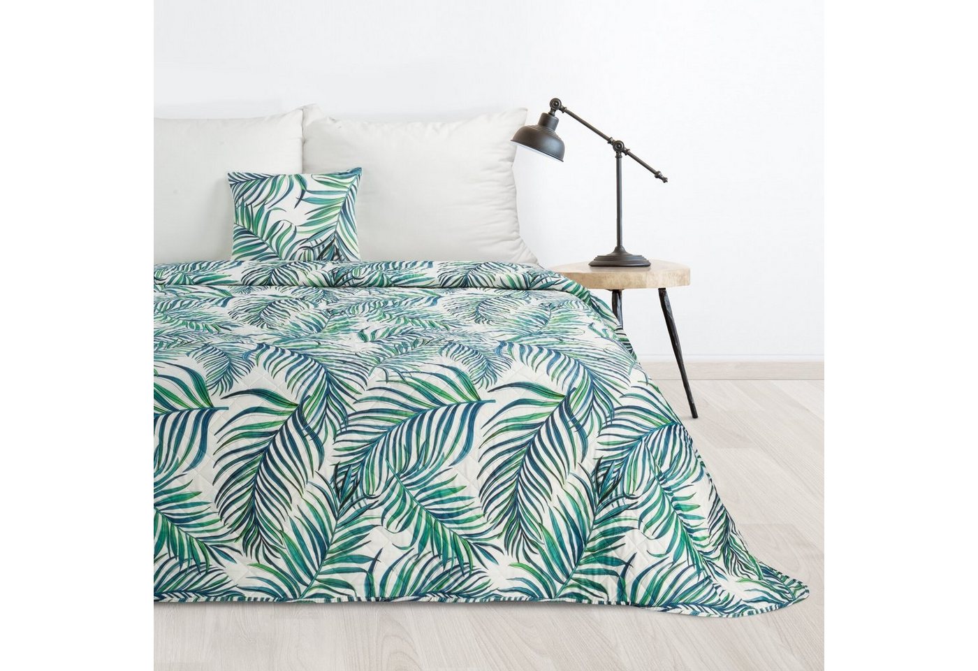 Tagesdecke Tropical, Design91, Palmen Muster Grüne Blätter Papagei Dschungel Motiv von Design91