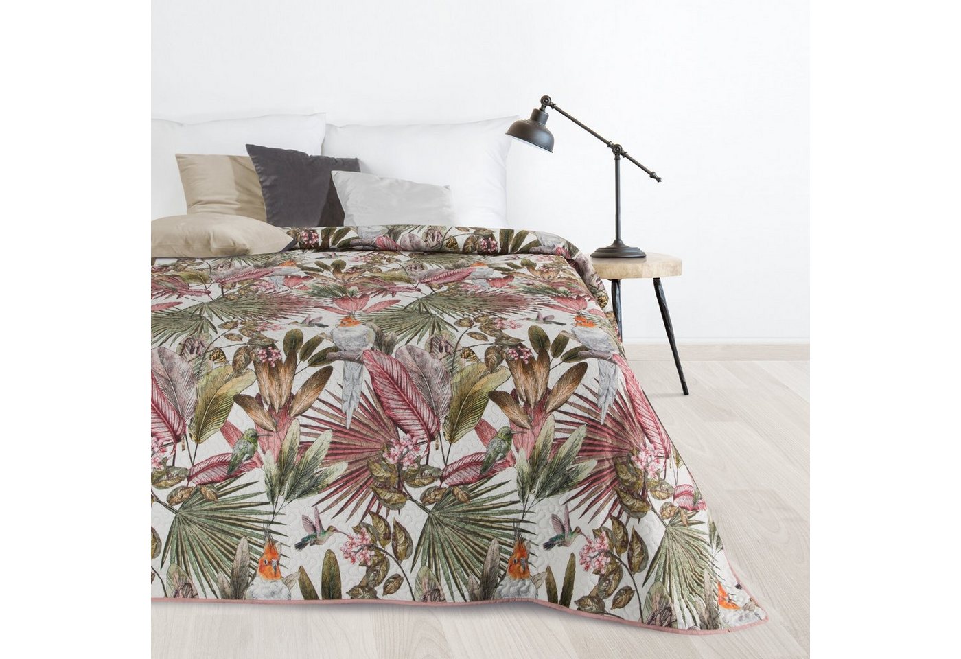 Tagesdecke Tropical, Design91, Palmen Muster Grüne Blätter Papagei Dschungel Motiv von Design91