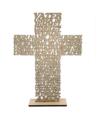 DesignByLayer Vater Unser Kreuz aus Holz mit Standfuß als Geschenk für Taufe, Hochzeit, Geburtstag, Weihnachten (Buche (dunkler), 19x14cm) von DesignByLayer