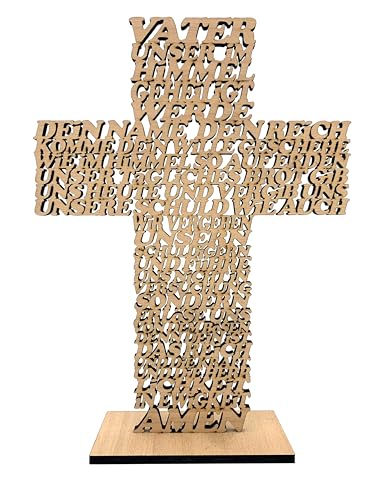 DesignByLayer Vater Unser Kreuz aus Holz mit Standfuß als Geschenk für Taufe, Hochzeit, Geburtstag, Weihnachten (Buche (dunkler), 28x21cm) von DesignByLayer