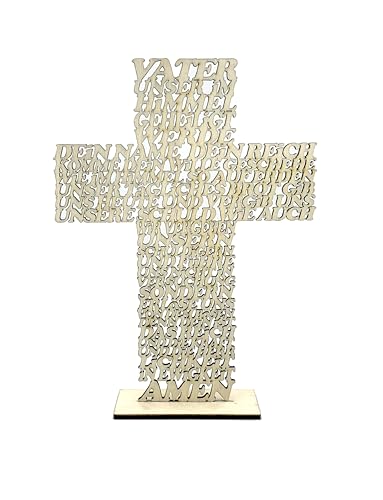 DesignByLayer Vater Unser Kreuz aus Holz mit Standfuß als Geschenk für Taufe, Hochzeit, Geburtstag, Weihnachten (Pappel (hell), 19x14cm) von DesignByLayer