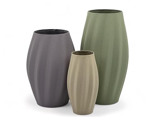 Designer Vase Aura Set 3-teilig in den Größen S (10,5cm), M (13,5cm) und L (17cm) aus Bio-Kunststoff inklusive Glaseinsatz für Schnitt- und Trockenblumen (Beige-Lila-Grün) von DesignByLayer