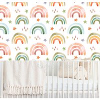 Aquarell Regenbogen Tapete, Boho-stil Vintage Kinderzimmer Tapete Bauernhaus Babyzimmer Dekor Wandbild Cling Baby von DesignByMaya