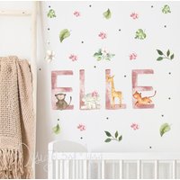 Baby Name Stoffaufkleber Deko Safari Aufkleber Rose Gold Mädchen Buchstaben Wandsticker Namen Dekor Kinderzimmer Wald Thema Cling von DesignByMaya