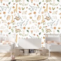 Bauernhof Babyzimmer Tiere Illustration Safari Kinderzimmer Boho Stil Tapete Aquarell Dekor Wandbild Cling Baby Bär Fuchs Elch Hase von DesignByMaya