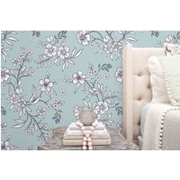 Gänseblümchen Tapete Baby Mädchen Wanddekor Blau Floral Kinderzimmer Blumen Laub Zimmer Elegantes von DesignByMaya