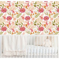 Koralle Pfirsich Blumen Farn Floral Tapete Mädchen Zimmer Kinderzimmer Wand Dekor Baby-Mädchen Kolibri Aquarell Kunst Mint Rot Kind von DesignByMaya