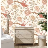 Koralle Pfirsich Beige Vögel Blumen Rose Pfingstrose Tapete Kinderzimmer Wand Dekor Baby Mädchen Zimmer Kolibri Aquarell Kunst Mint Rot Kid Floral von DesignByMaya