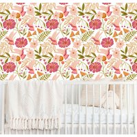 Coral Peach Blumen Farn Tapete Mädchenzimmer Kinderzimmer Wanddekor Baby Kolibri Aquarell Kunst Mint Rot Kid Floral von DesignByMaya