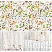 Safari Kinderzimmer Tapete, Aquarell Stil, Bauernhaus Babyzimmer Tapete Dekor Wandbild Cling Baby Elefant Giraffe von DesignByMaya