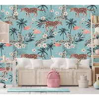 Spaß Spielzimmer Tapete Wand-Dekor Mint Teal Pfirsich Koralle Kunst Blumen Kinderzimmer Tiger Flamingo Pflaumenbaum Laub Baby Mädchen Zimmer von DesignByMaya