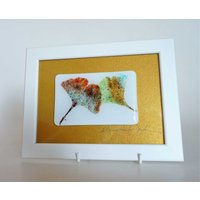 Ginko Blatt Auf Glas 11 X 7 cm in Bilderrahmen, Handarbeit, Signiert von DesignElena
