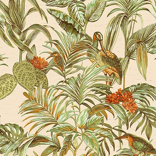 Design Vlies Tapete Floral Palmen Kranich Paradiesvogel Stickoptik creme grün orange DE120013 von DesignID