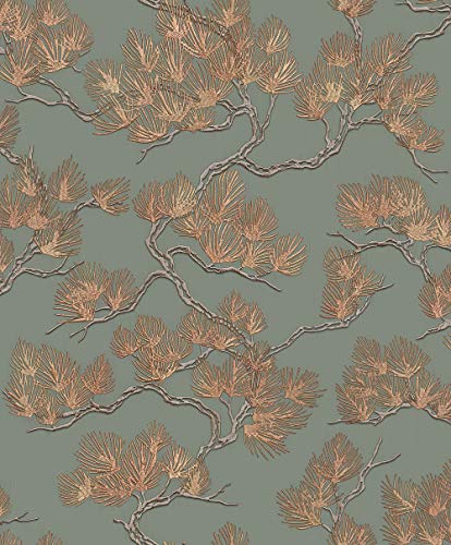 Vlies Tapete Pine Tree Nadelbaum Stick Textiloptik oliv grün kupfer WF121013 von DesignID