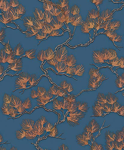 DesignID Vlies Tapete Pine Tree Nadelbaum Stick Textiloptik petrol blau kupfer WF121017 von DesignID