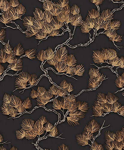 Vlies Tapete Pine Tree Nadelbaum Stick Textiloptik schwarz gold glänzend WF121015 von DesignID