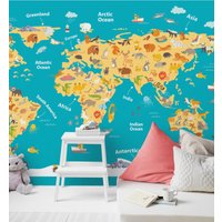 Weltkarte Tapete Für Kinderzimmer, Kinderkarte Tapete, Wandbild, Selbstklebend Abnehmbare Vinyl-Tapete Kinderzimmer von DesignStickersStore