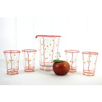 Krug + 4 Gläser Mid Century Glaskrug Wasserkrug Handgeformt Saftkrug Handbemalt Punkte Vintage Design 50Er 60Er Rockabilly Henkelkrug von DesignVintageShopDE