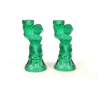 Paar Putten Pressglas Kerzenständer Glas Kerzenleuchter 20Er 30Er Kerzen Leuchter Vintage Design Grün von DesignVintageShopDE