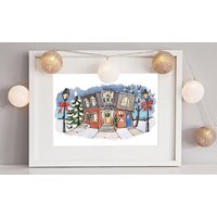 Weihnachts Häuser Aquarell Druck Fröhliche Ferien Stadt Kunst von DesignbyStreetlight
